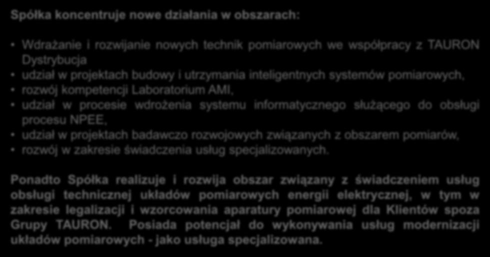 Ponadto Spółka realizuje i rozwija obszar związany z świadczeniem usług obsługi technicznej układów pomiarowych energii elektrycznej,