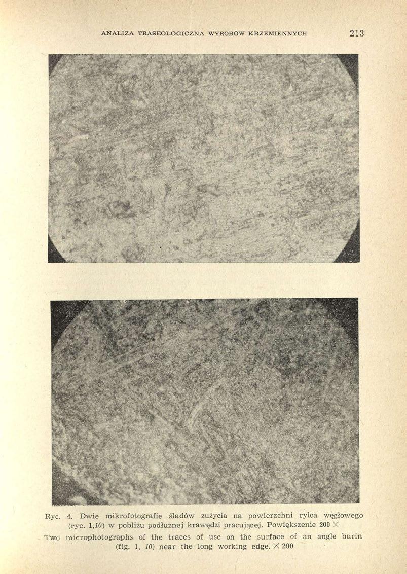 ANALIZA TRASEOLOGICZNA WYROBÓW KRZEMIENNYCH 213 Ryc. 4. Dwie mikrofotografie śladów zużycia na powierzchni rylca węgłowego (ryc.