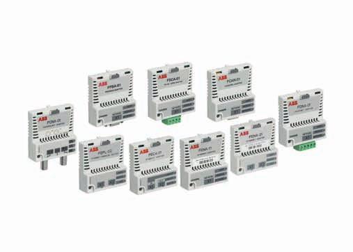 22 STANDARDOWE NAPĘDY ABB, ACS580, K ATALOG 22 Opcje komunikacji przemysłowej 07 ACS580 jest kompatybilny z wieloma standardami komunikacji przemysłowej 08 Moduły rozszerzeń wejść/wyjść Adaptery