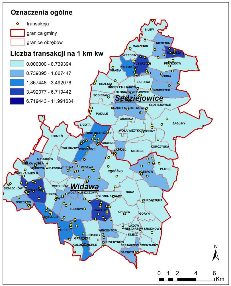 8) Opracowanie mapy natężenia transakcji wg obrębów ewidencyjnych (liczba transakcji na 1 km 2 ). Kartogram z legendą, skalą.