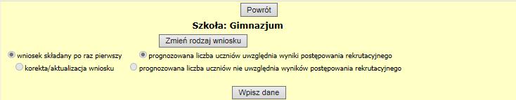 W aplikacji automatycznie zaznaczone są pola: wniosek składany po raz pierwszy oraz prognozowana liczba uczniów uwzględnia wyniki postępowania