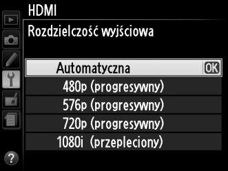 Opcje HDMI Opcja HDMI w menu ustawień reguluje rozdzielczość wyjściową i pozwala na wykorzystanie możliwości zdalnego sterowania aparatem z urządzeń obsługujących interfejs HDMI-CEC (ang.