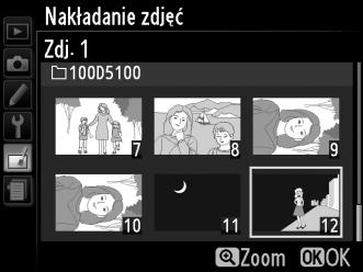 2 Wybierz pierwsze zdjęcie. Za pomocą wybieraka wielofunkcyjnego wyróżnij pierwsze zdjęcie do nałożenia. Aby wyświetlić wyróżnione zdjęcie w widoku pełnoekranowym, naciśnij i przytrzymaj przycisk X.