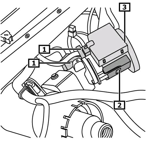 (patrz rysunek 3) Rysunek 3 1 znaczenie(a) 2 Opaska (-i) zaciskowa (-e) 3 Moduł kolumny kierownicy Rozłączyć elektryczne złącze wtykowe cewki czytającej immobilizera.