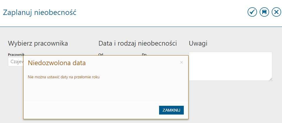 Rys 131. Planowanie nieobecności komunikat Występująca w programie e-nieobecność pozwala na odnotowanie innego rodzaju nieobecności niż urlop.