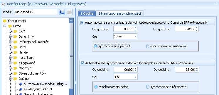 Synchronizacja danych Gdy usługa zostanie zamówiona w Konfiguracji Firmy/ Ogólne/ e-pracownik w modelu usługowym pojawi się zakładka Harmonogram synchronizacji, gdzie należy zaznaczyć: Automatyczna