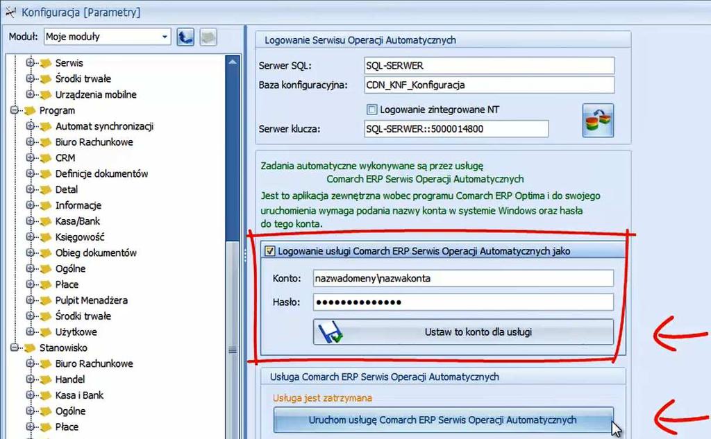 Dopiero po skonfigurowaniu i uruchomieniu Serwisu Operacji Automatycznych wykonywane będą zadania automatyczne określone w harmonogramie synchronizacji.