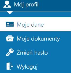 6 Mój profil Menu Mój profil składa się z informacji dotyczących ustawień danych zalogowanej osoby, udostępnionych jej dokumentów imiennych oraz możliwości zmiany hasła lub wylogowania z aplikacji.