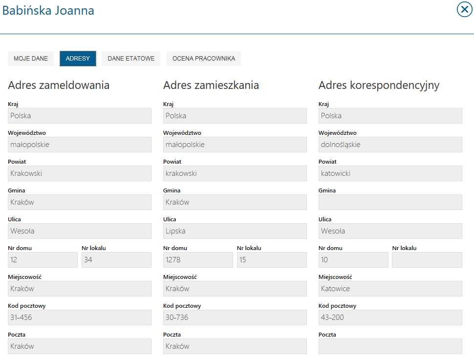 Rys 29. Moje dane Zakładka Adresy zawiera nieedytowalne dane wyświetlane z formularza pracownika dotyczące adresów zameldowania, zamieszkania, korespondencyjnego.