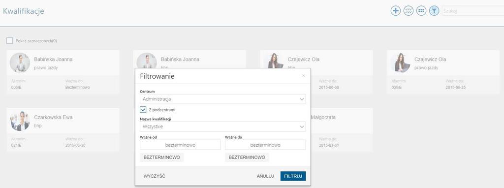 Rys 38. Lista filtrowania pracowników Dodatkowo na oknie dostępna jest opcja Szukaj, za pomocą której można wyszukać pracownika wpisując ciąg znaków.