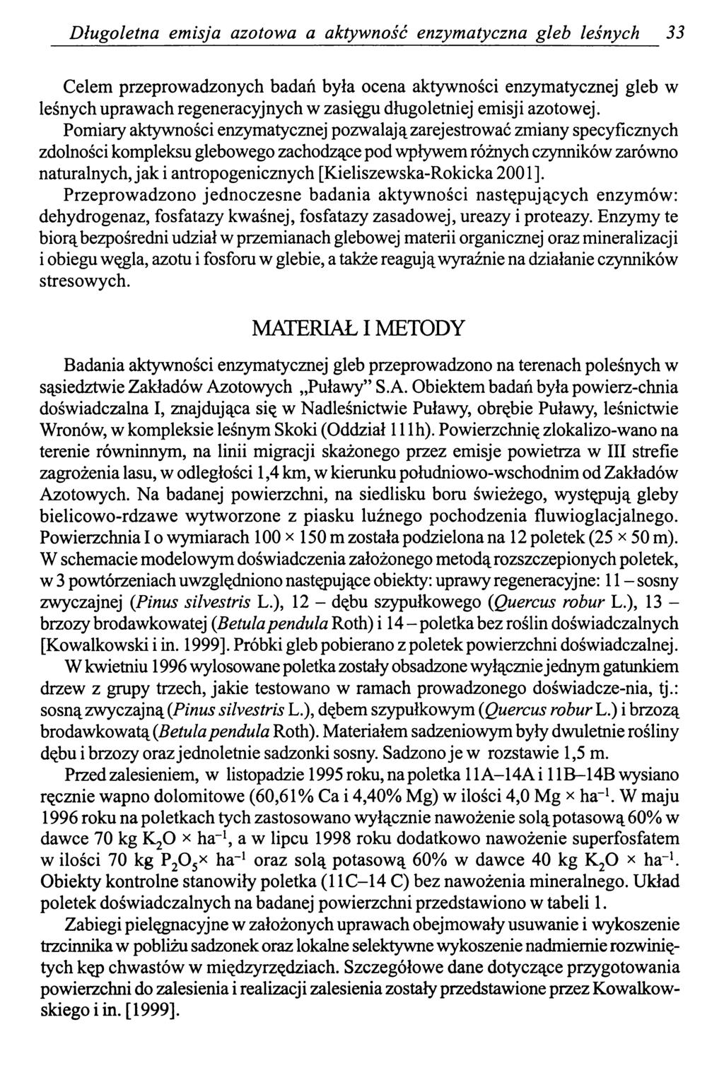 Długoletna emisja azotowa a aktywność enzymatyczna gleb leśnych 33 Celem przeprowadzonych badań była ocena aktywności enzymatycznej gleb w leśnych uprawach regeneracyjnych w zasięgu długoletniej