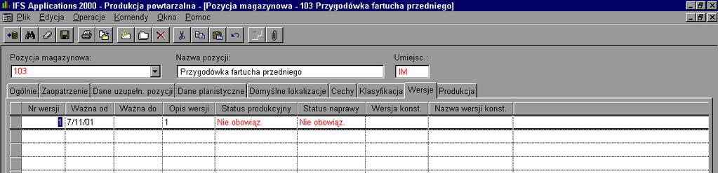 Rys. 5.37 Widok okna folder IFS/Pozycje magazynowe/pozycja magazynowa Wersja W zakładce Produkcja możemy wprowadzać lub modyfikować atrybuty dotyczące produkcji. W polu Łączny czas realiz.