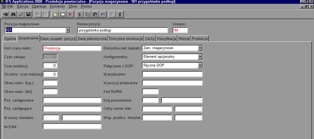 Rys. 5.31 Widok okna folder IFS/Pozycje magazynowe/pozycja magazynowa Zapytania W zakładce Dane uzupełn. pozycji wprowadzamy dane o kosztach dla pozycji magazynowych i inwentaryzacjach.