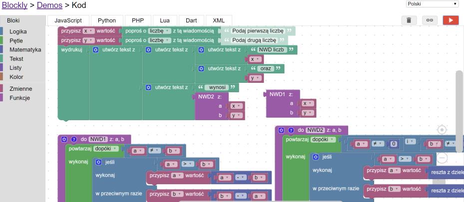 3. Środowisko Blockly kod Między blokami a kodem programu 91 Drogie środowisko programowania wizualnego z możliwością zamiany na kod programu jest częścią projektu Google Blockly.
