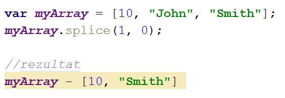 Tablice w JS metody vol.6, usuwanie elementu Można wykorzystać wcześniej opisywaną metodę splice() do usunięcia dowolnego elementu tablicy. W tym celu określa się tylko swa pierwsze parametry metody.