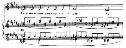 Cechy stylistyczne Claude a Debussy ego minające frazy z elementami selektywnymi, jak również melodykę figuracyjno- -ornamentalną jako strukturę o czystym znaczeniu sonorystycznym 10. Przykład 1. C. Debussy, Fêtes galantes.
