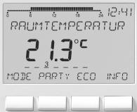 Wyświetlacz i przyciski Wskaźnik zaprogramowanych łączeń Linijka tekstowa Wskaźnik czasu Wskaźnik temperatury Dzień tygodnia 1 7 Zasada obsługi 1.