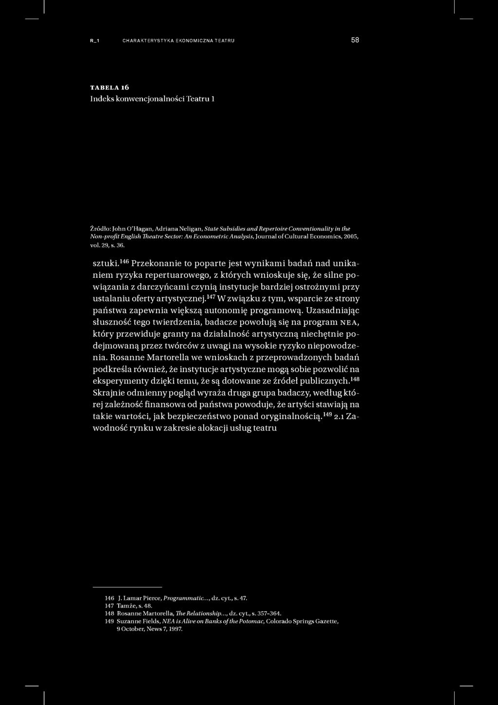 R_1 CHARAKTERYSTYKA EKONOMICZNA TEATRU 58 TABELA 16 Indeks konwencjonalności Teatru 1 Źródło: John 0'Hagan, Adriana Neligan, State Subsidies andrepertoire Conventionality in the Non-profitEnglish