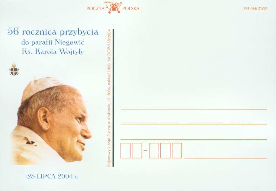 56 rocznica przybycia do parafii Niegowić Ks. Karola Wojtyły. 28 LIPCA 2004 r. / z herbem papieskim/.