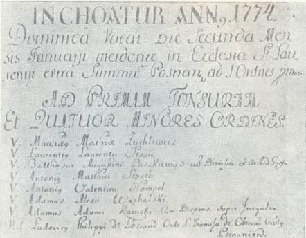 Facsimile aktu uzyskania przez Staszica niższych święceń kapłańskich z 2 stycznia 1774 roku.