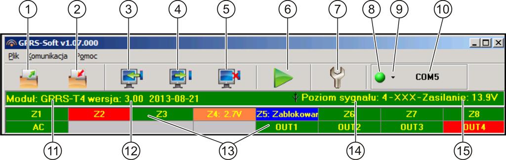 8 GPRS-T4 SATEL Rys. 7. Menu główne programu GPRS-SOFT. 7 - Konfiguracja przycisk umożliwia otwarcie okna Połączenie.