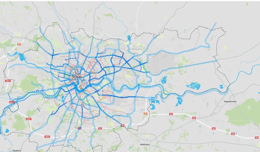 Ścieżki rowerowe Program Inwestycji Studium Podstawowych Tras Rowerowych przyjęty uchwałą Rady Miasta Krakowa Nr CIX/1493/10 z dnia 22 września 2010 r. zakładał dobudowę ok. 223 km tras rowerowych.