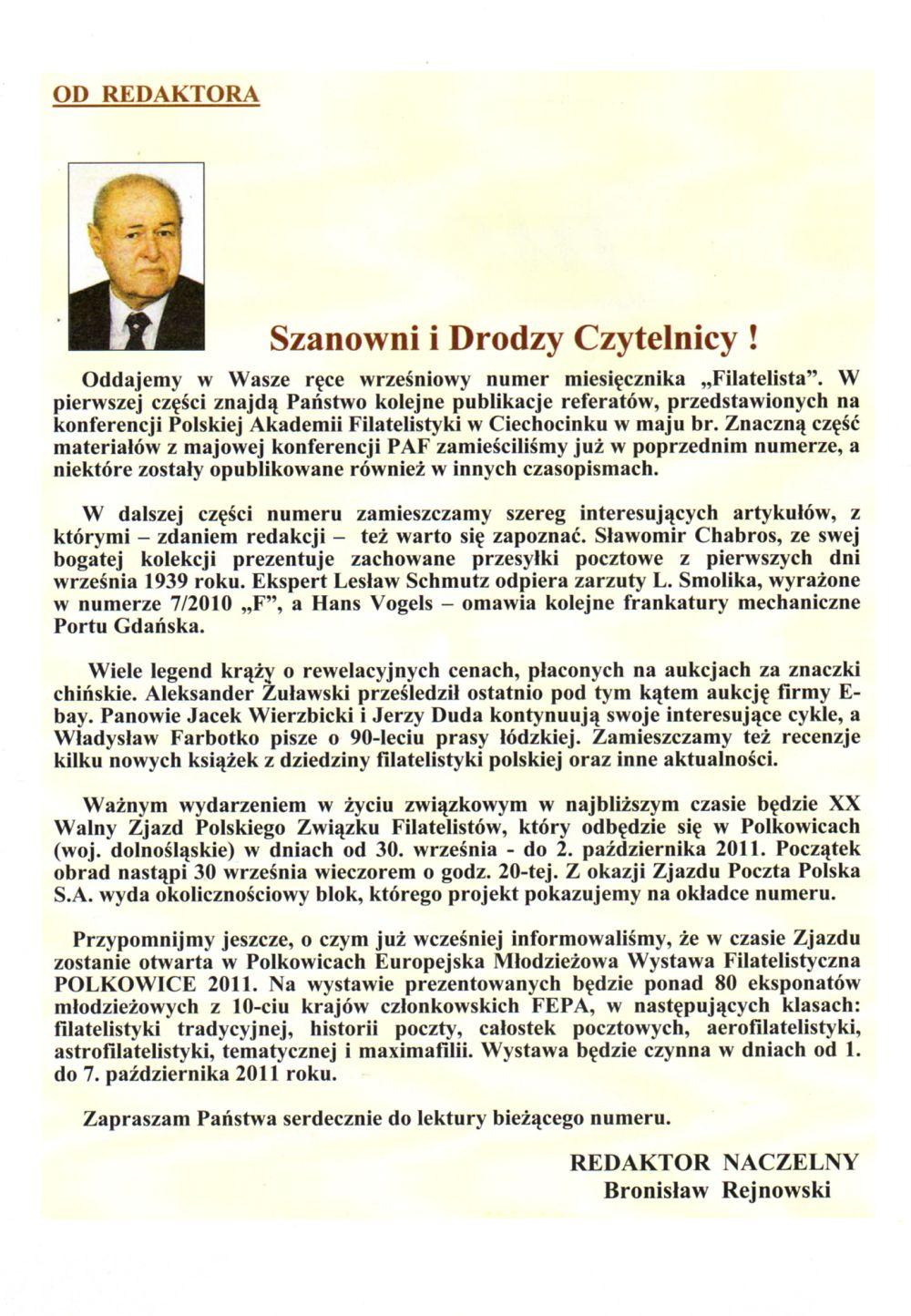 OD REDAKTORA Szanowni i Drodzy Czytelnicy! Oddajemy w Wasze ręce wrześniowy numer miesięcznika Filatelista".