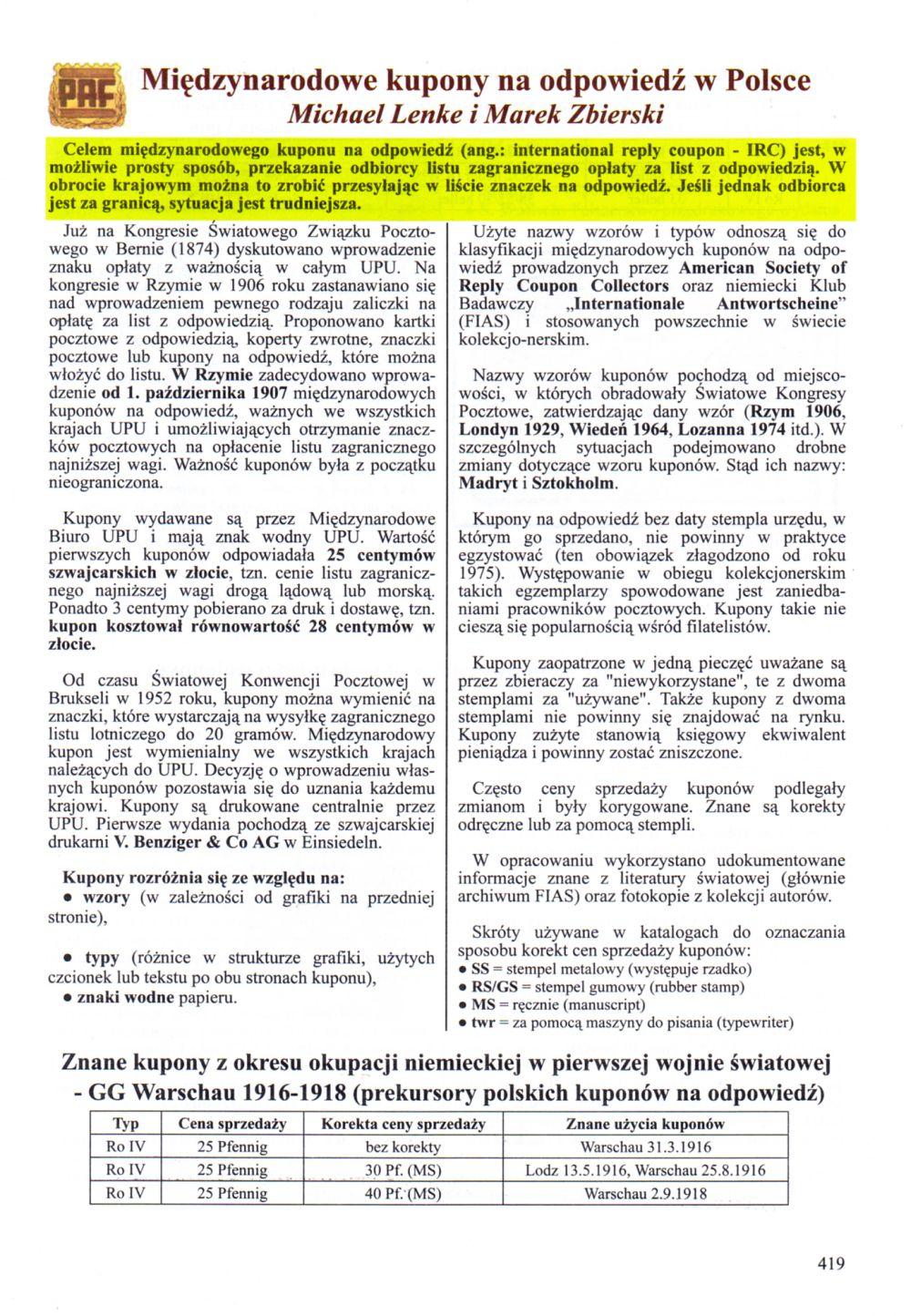 Międzynarodowe kupony na odpowiedź w Polsce Michael Lenke i Marek Zbierski Celem międzynarodowego kuponu na odpowiedź (ang.