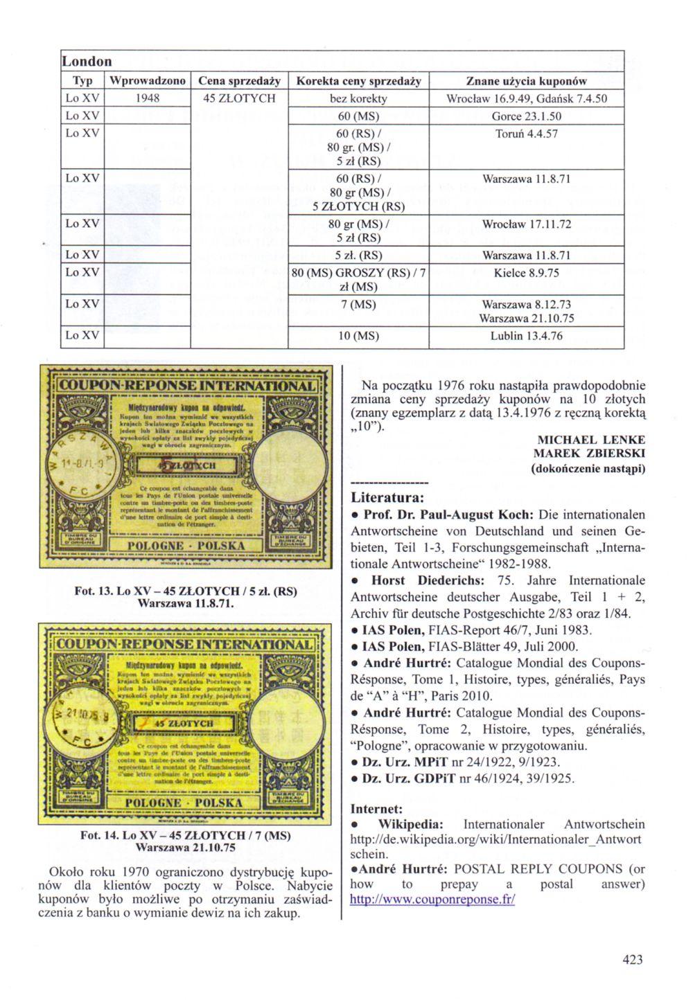London -typ Wprowadzono Cena sprzedaży Korekta ceny sprzedaży Znaoe użycia kuponów Lo XV 1948 45 ZLOTYCH bez korekty Wrocław 16.9.49, Gdańsk 7.4.50 Lo XV 60 (MS) Gorce 23.1.50 Lo XV 60 (RS) / 80 gr.