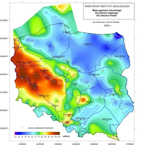 Rysunek 13: Mapa strumienia cieplnego dla obszaru Polski (źródło: www.pig.gov.pl J. Szewczyk, D.