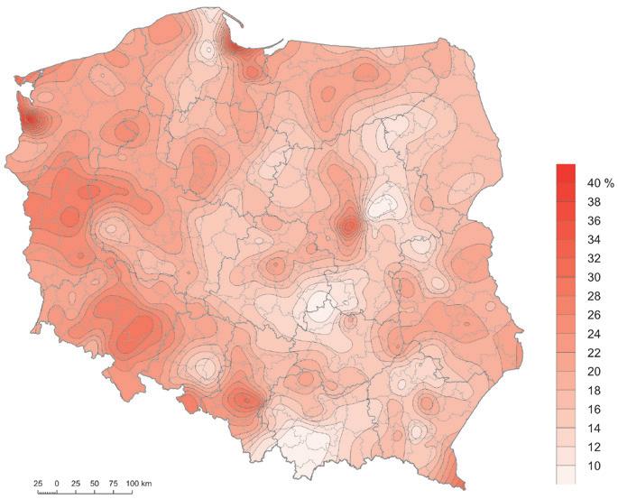 wykształcenia niemal na terenie całego obszaru Polski doszło do wyraźnego powiększenia udziału, a tylko 10 powiatów zanotowało spadek udziału. 1996 20