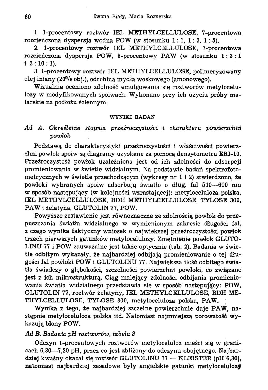 60 Iwona Biały, Maria Roznerska 1. 1-procentowy roztwór IEL METHYLCELLULOSE, 7-procentowa rozcieńczona dyspersja wodna POW (w stosunku 1: 1, 1: 3, 1: 5). 2.