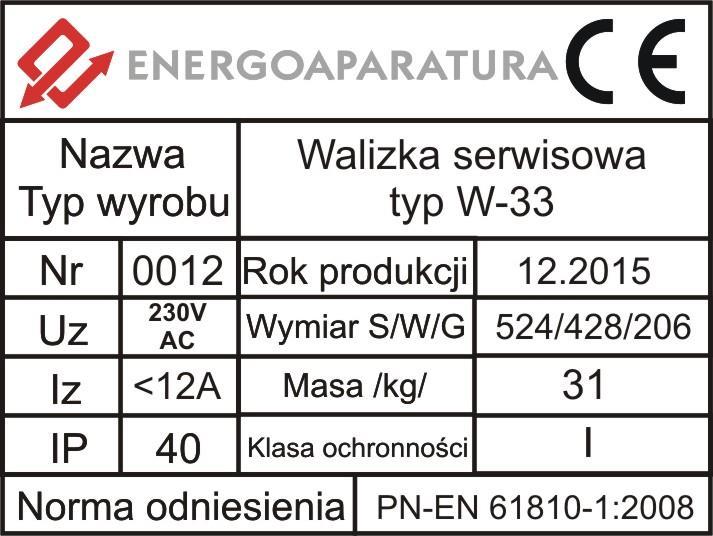 Rys. 2. Tabliczka znamionowa walizki serwisowej W-33 6. SERWIS Urządzenia wyprodukowane przez firmę Energoaparatura SA objęte są standardowo dwuletnim okresem gwarancyjnym.