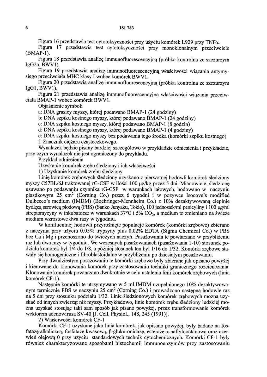 6 181 783 Figura 16 przedstawia test cytotoksyczności przy użyciu komórek L929 przy TNFα. Figura 17 przedstawia test cytotoksyczności przy monoklonalnym przeciwciele (BMAP-1).