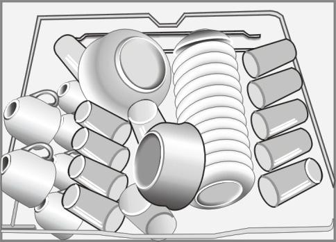 ZAŁADUNEK ZMYWARKI NACZYNIAMI Kosz górny Kosz górny jest zaprojektowany do zmywania delikatnych typów naczyń takich jak szklanki, filiżanki, talerze itp.