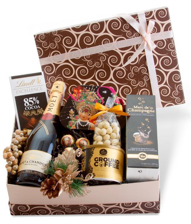 CL48 BEST WISHES Szampan Moet & Chandon Imperial 750 ml Marc de Champagne Czekoladki z alkoholem 210 g Lindt Excellence 85% cocoa 100g Da