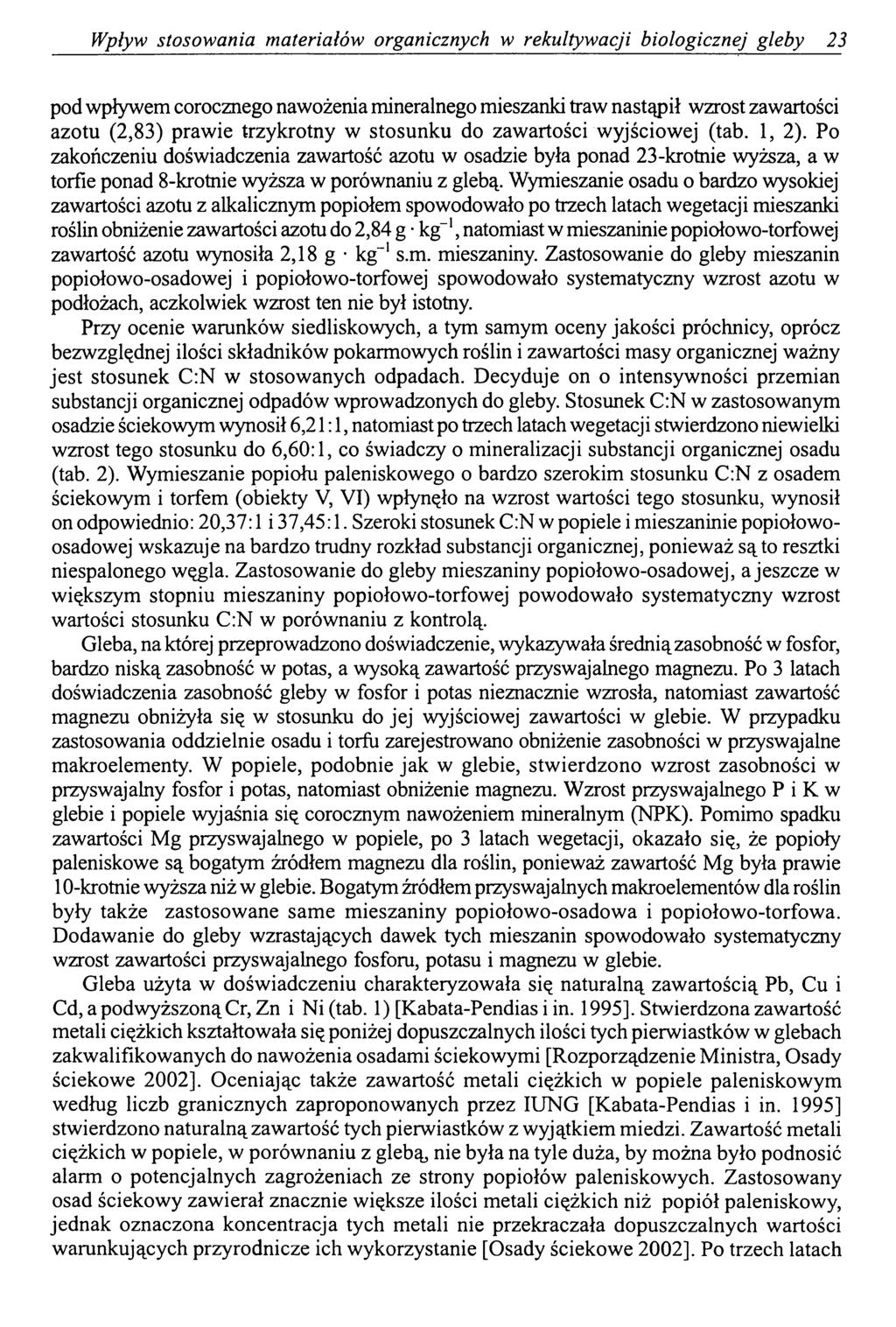 Wpływ stosowania materiałów organicznych w rekultywacji biologicznej gleby 23 pod wpływem corocznego nawożenia mineralnego mieszanki traw nastąpił wzrost zawartości azotu (2,83) prawie trzykrotny w