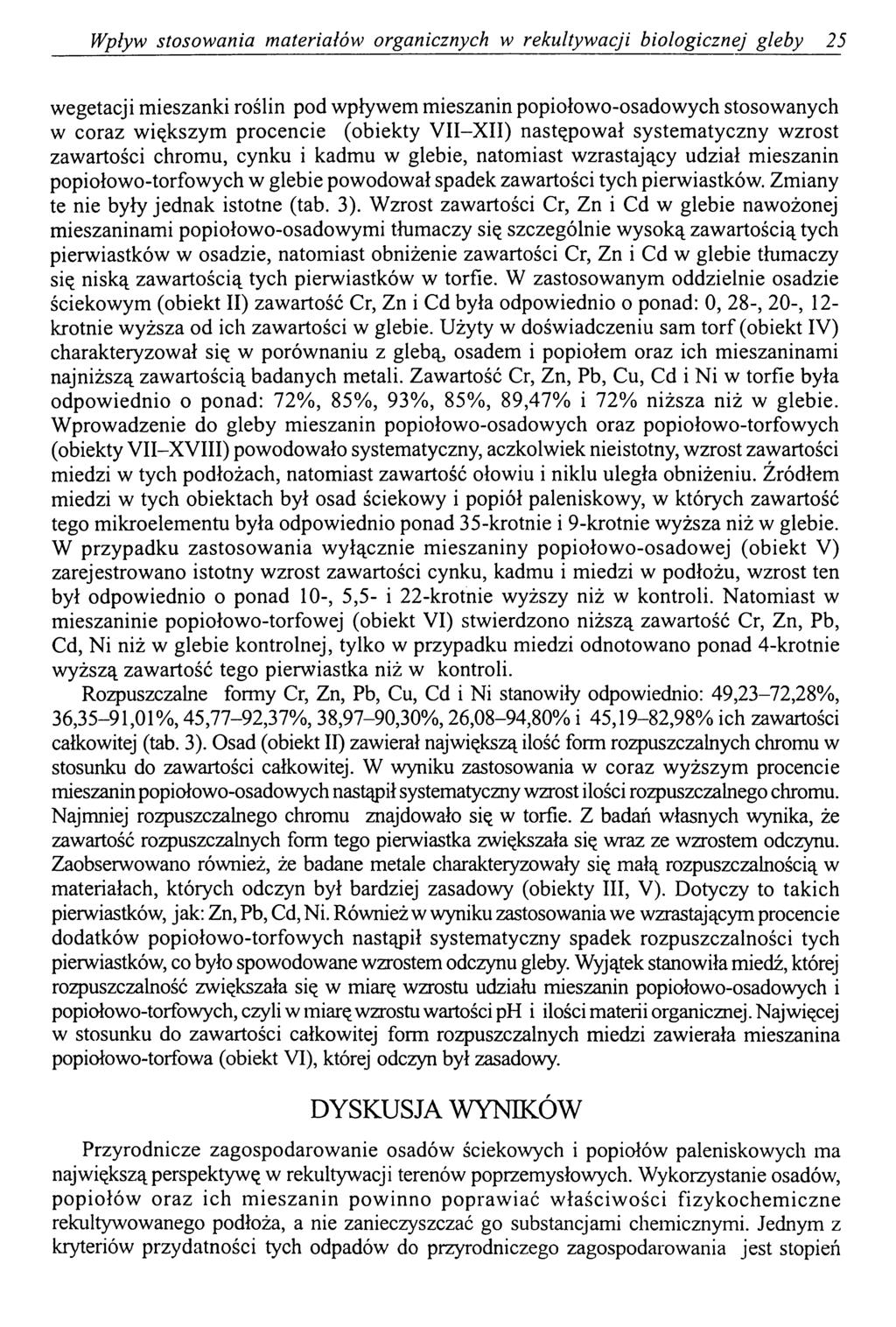 Wpływ stosowania materiałów organicznych w rekultywacji biologicznej gleby 25 wegetacji mieszanki roślin pod wpływem mieszanin popiołowo-osadowych stosowanych w coraz większym procencie (obiekty