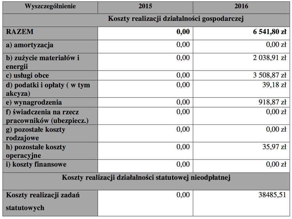 II.6. Dane o kosztach rodzajowych: Fundacja Zróbmy.