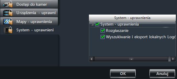 interfejs. Możesz nadać prawa do transmisji, przeszukiwania logu oraz eksportowania go wybranemu użytkownikowi.