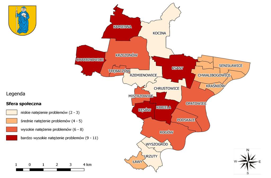 Mapa 3 Koncentracja negatywnych zjawisk w sferze społecznej w poszczególnych jednostkach referencyjnych na terenie Gminy Opatowiec Źródło: Opracowanie własne na