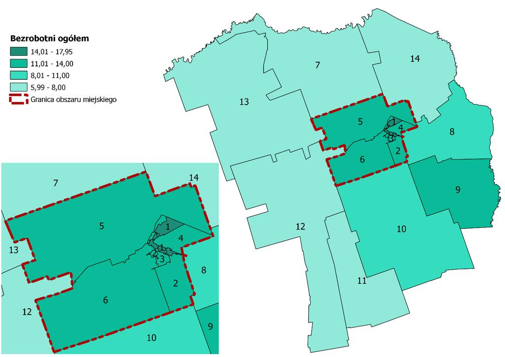 Rysunek 7 Bezrobotni ogółem w przeliczeniu na 100 mieszkańców na terenie jednostek podziału Gminy Wśród ogółu bezrobotnych wyszczególnić można następujące grupy: bezrobotni pozostający bez pracy