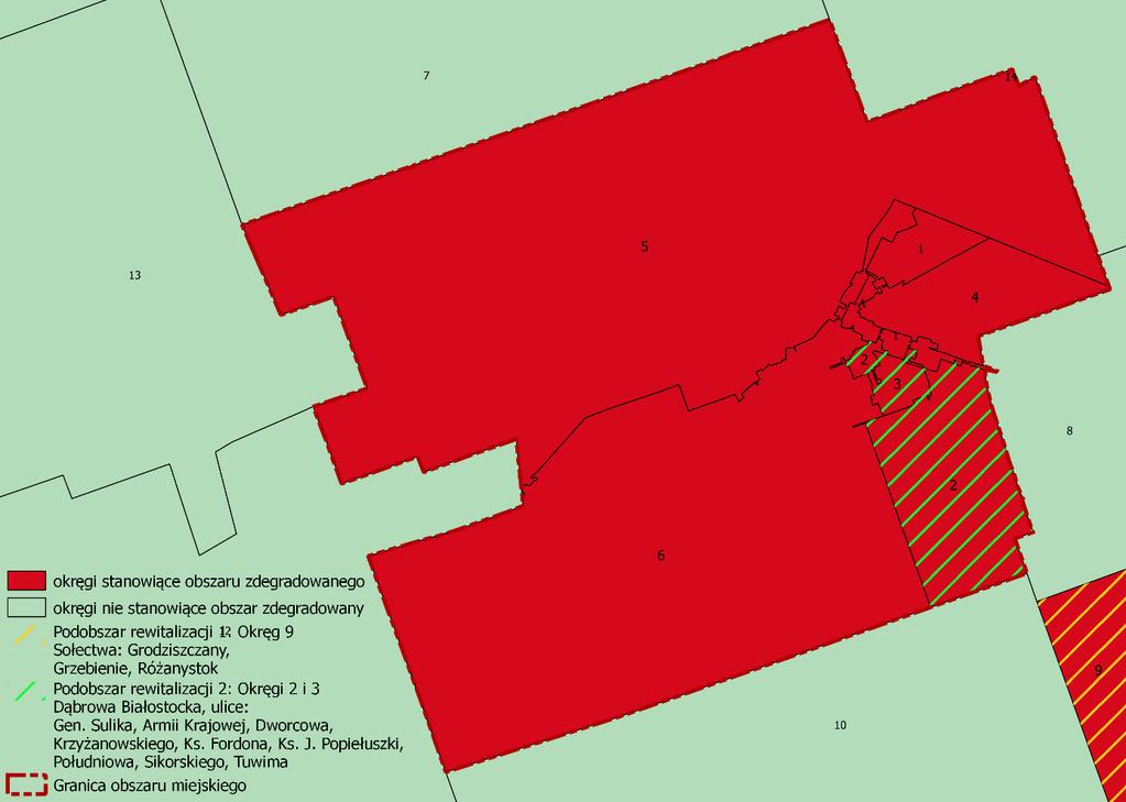 Rysunek 17 Obszar zdegradowany i obszar rewitalizacji wyznaczony w obrębie miasta Dąbrowa Białostocka Źródło: opracowanie własne.