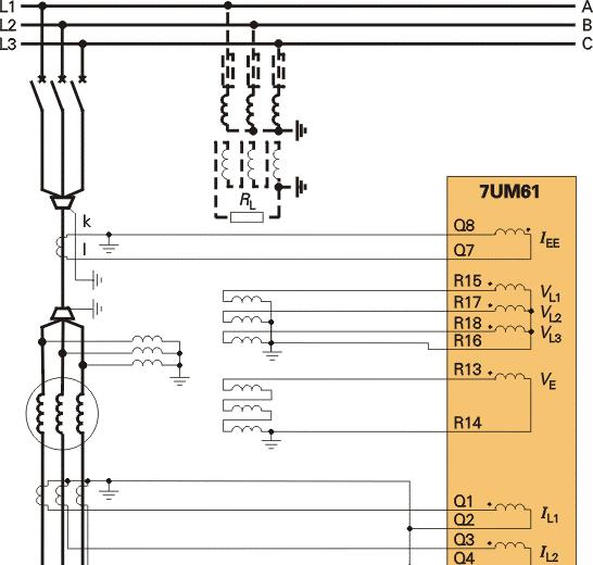 Zabezpieczenie generatorów / 7UM61 Typowe połączenia Generator pracujący bezpośrednio na szyny zbiorcze Rysunek /16 przedstawia zalecane połączenie dla kilku generatorów pracujących na jeden system