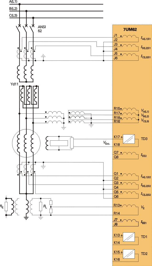 Zabezpieczenie generatorów / 7UM62 Typowe połączenia Generator z transformatorem punktu gwiazdowego Dla takiej konfiguracji systemu, zmniejszenie napięcia zakłóceniowego w przypadku zwarć doziemnych