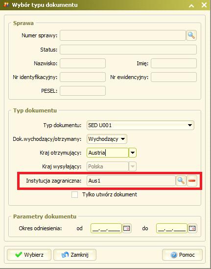 Zmiany w oknie zaświadczeń Podczas tworzenia zaświadczeń, podpowiadana jest instytucja łącznikowa z wybranego kraju zamiast pierwszej z listy w przypadku, gdy na oknie wyboru typu dokumentu nie