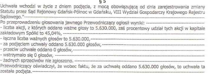 W dniu 5 marca 2014 roku Sąd Rejestrowy dokonał wpisu powyższej zmiany statutu W ramach upoważnienia Zarządu do podwyższenia kapitału zakładowego w granicach kapitału docelowego (uchwała Walnego