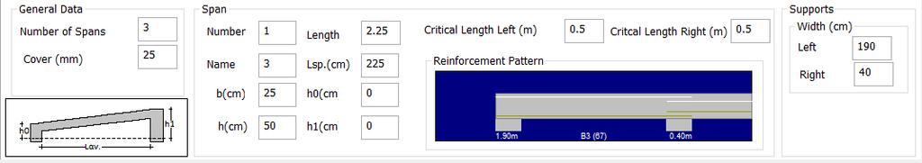 1. Geometria Pierwsza zakładka "Edytor belek" odnosi się do geometrii i zawiera informacje dotyczące przęseł i podpór ciągłości belek oraz parametry ogólne.