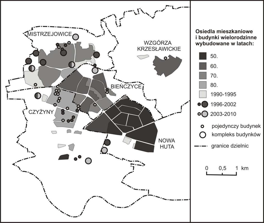200 Tomasz Chaberko, Paweł Kretowicz Rys. 1. Wielorodzinne budownictwo mieszkaniowe z lat 1950 2010 w Nowej Hucie Źródło: oprac.