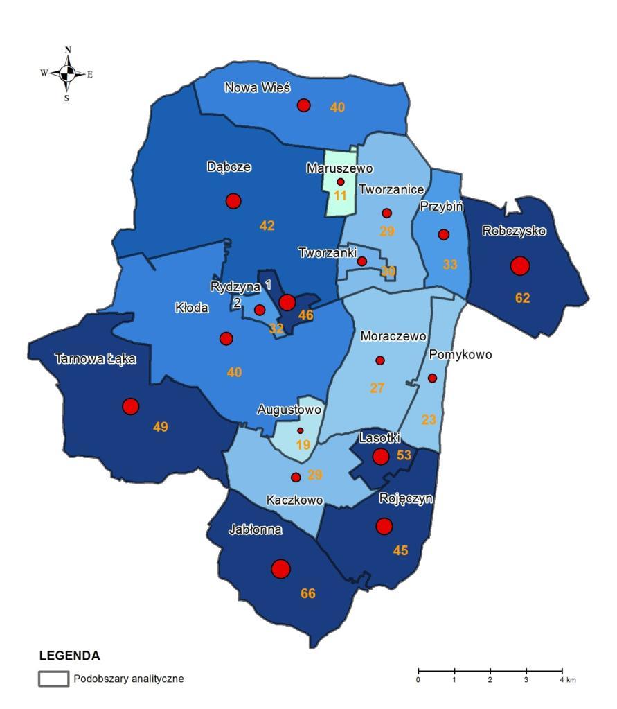 Rysunek 3. Sumaryczne wyniki przeprowadzonej diagnozy. Kolejnym, ostatecznym krokiem przeprowadzonej diagnozy było wytyczenie granic obszaru rewitalizacji.